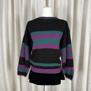 Vintage New Era Sweater Womens Medium Black Stripe Waffle Knit Crew Teal Purple